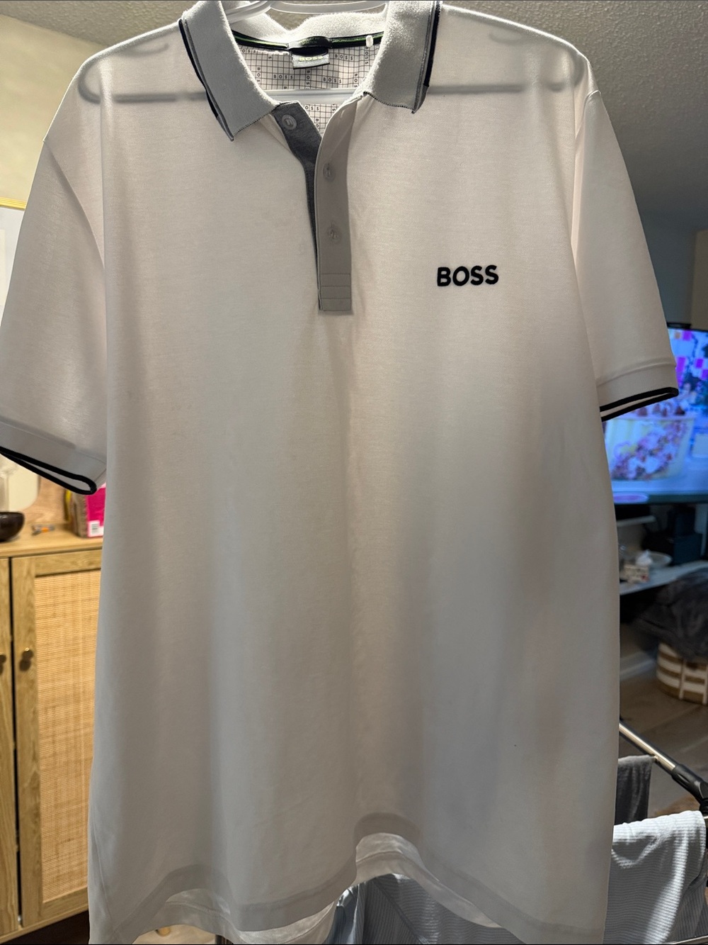 BOSS White Polo with Gray Trim and Black Logo